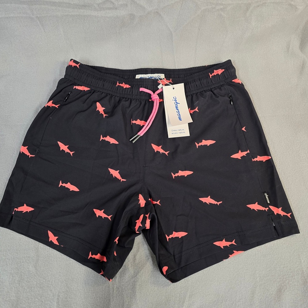 Maamgic Mens Shark Print Swim Trunks Black Pink Quick Dry Board Shorts Small NWT